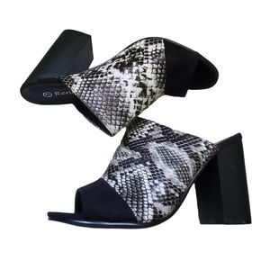 Reneeze Black, Gray and White Snake lookopen toe heels. Black Suede like trim.